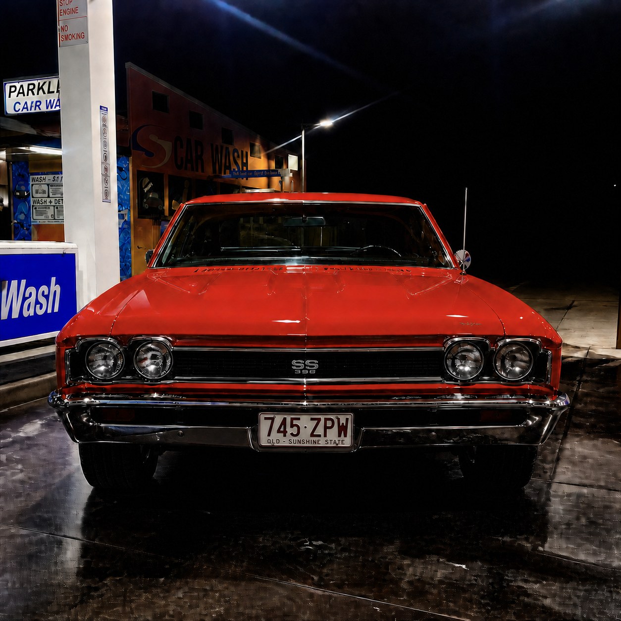 Front view of the Chevelle SS at the car wash at night