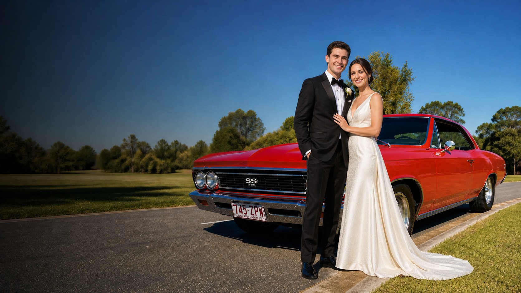 Bride and groom with the Chevelle SS